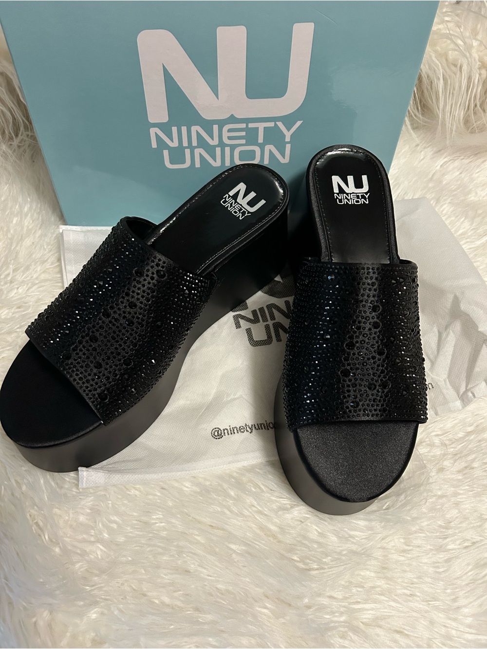 Ninety Union Black “BAHAMAS” satin w/crystals Platform Slide Sandals”NIB”